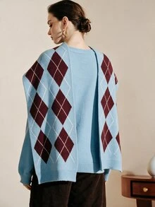 Arave Women's Polar Fleece Fabric Loose Fit Argyle Design Casual Sweater 2 Pieces Set - Multicolor - View 2
