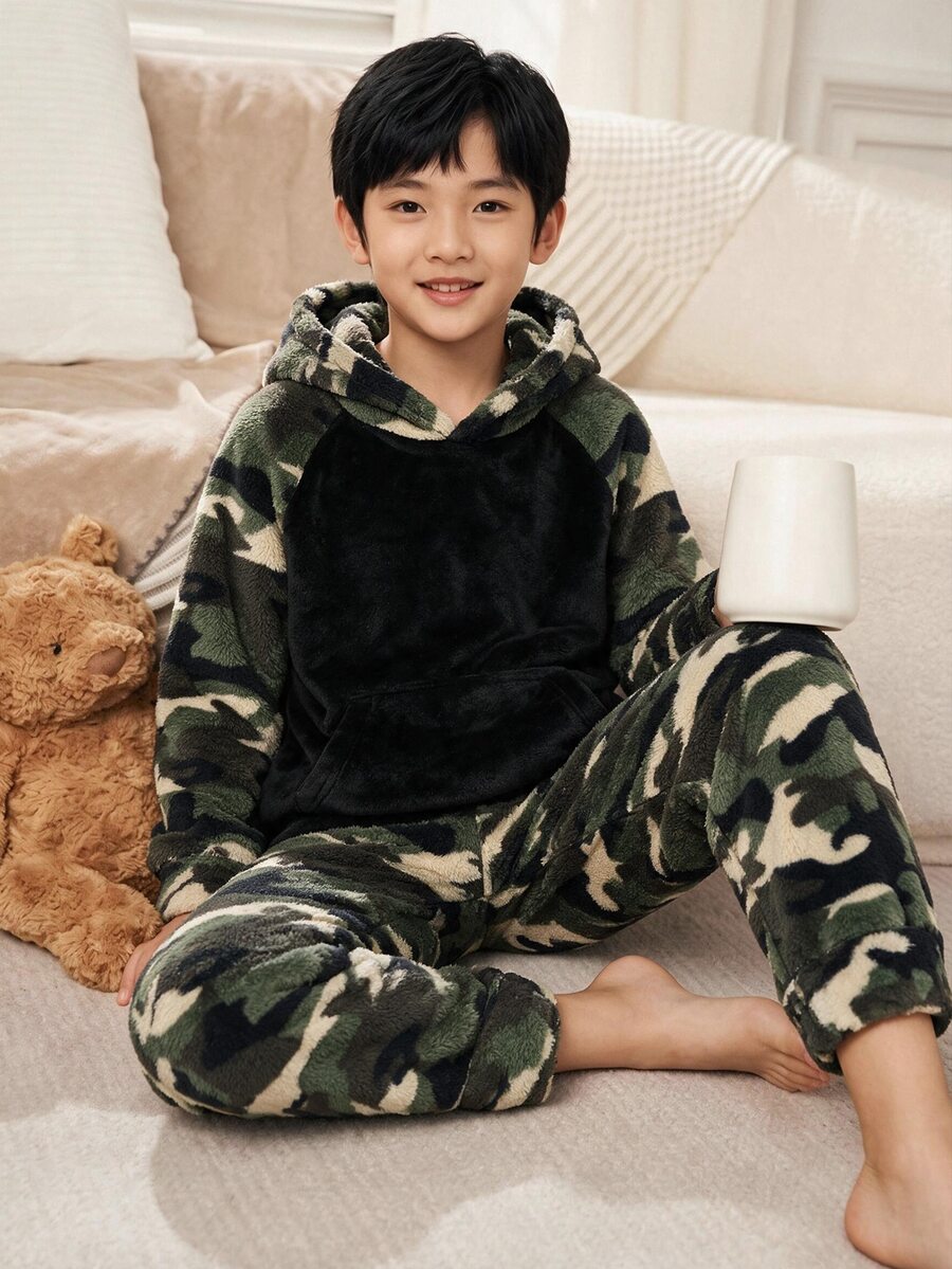 SHEIN Tween Boy Camouflage Patchwork Hooded Top And Pants Casual Daily Home Pajama Set - Multicolor - View 1