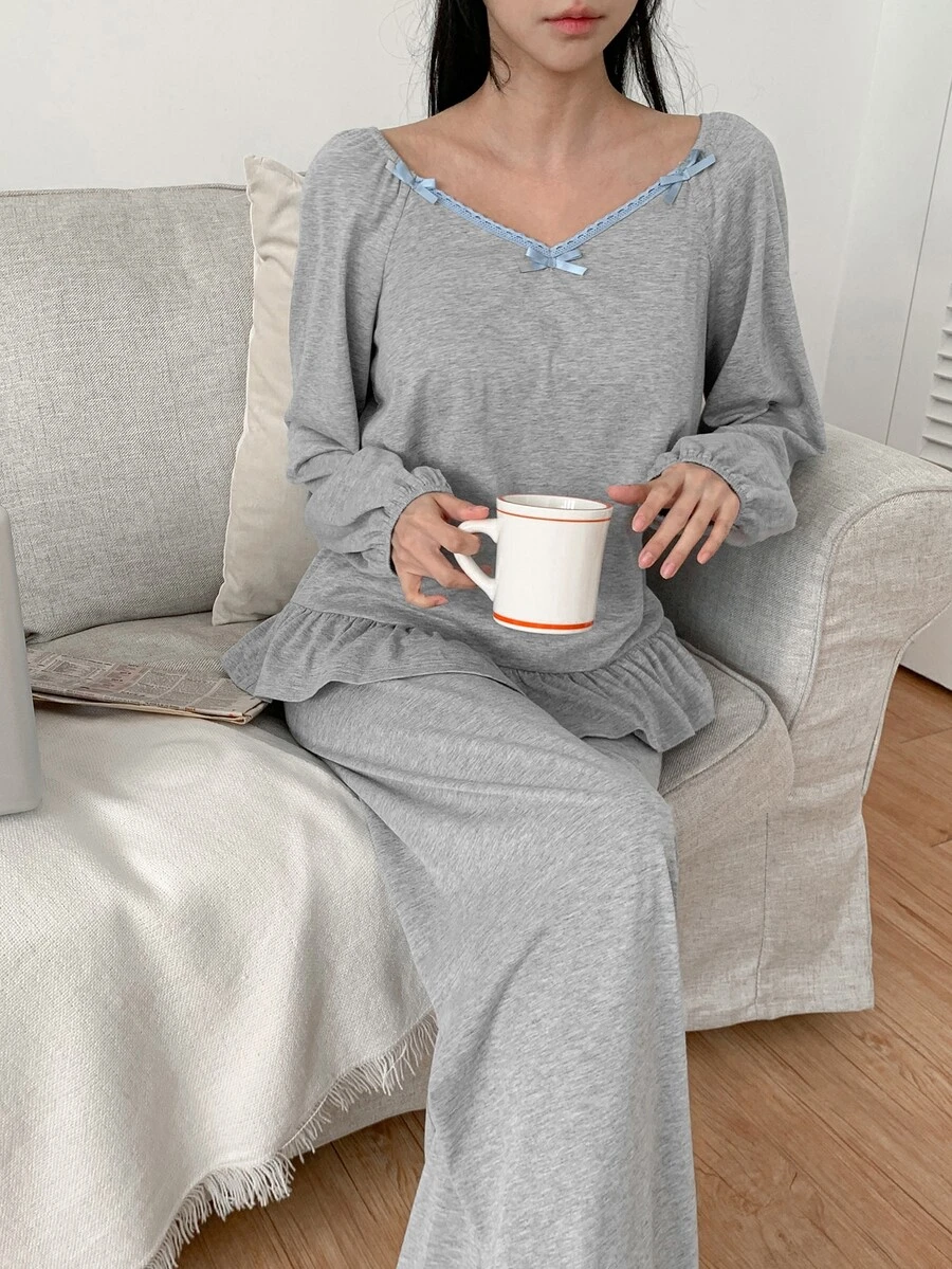 DAZY 2pcs/Set Women's Lace Patchwork V-Neck Long Sleeve Frill Trim Solid Color Straight Leg Long Pajama Set - Grey - View 1