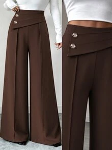 Elenzga Women's Solid Color Casual Versatile Daily Wear Long Pants - Brown - View 1