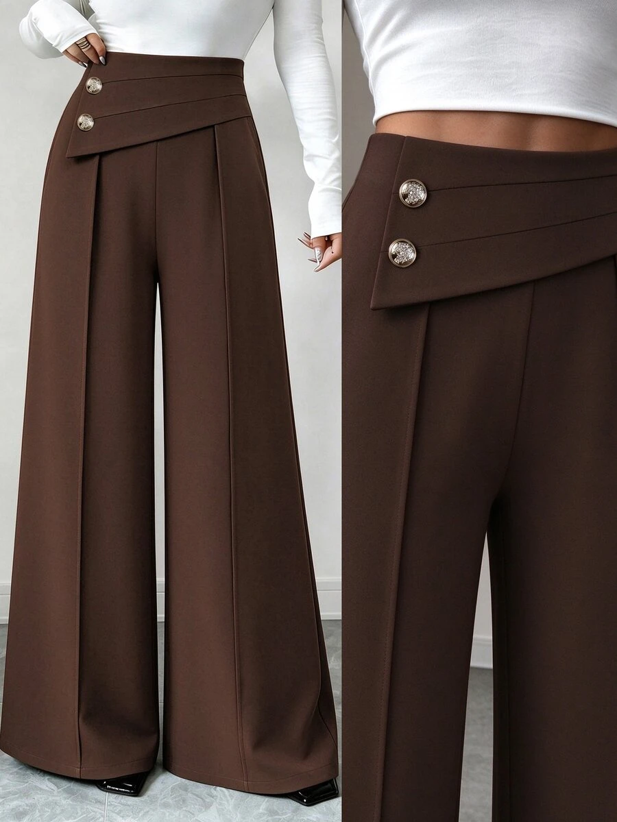 Elenzga Women's Solid Color Casual Versatile Daily Wear Long Pants - Brown - View 1