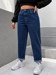 SHEIN ICON 大尺碼高腰 Mom Fit 牛仔褲 - 深色水洗藍 - 查看 6