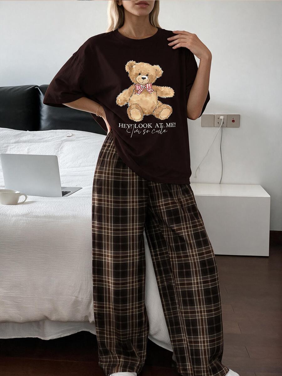 青少年女孩休閒寬鬆極簡圓領上衣與長褲家居服,適合四季穿著 - 彩色 - 查看 1