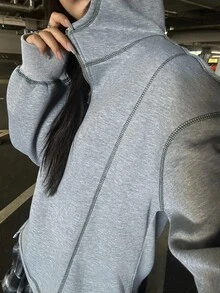 FRIFUL Sweatshirt Berkerudung Kasual Serbaguna untuk Pemakaian Sehari-hari Wanita Warna Polos - Grey - View 9