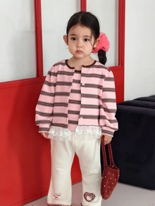 Dazy Kids Infant/Toddler (Girl) Round Neck Striped Korean Style Autumn/Winter Long Sleeve Top - Pink - View 5