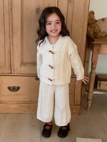 Dazy Kids Infant/Toddler (Girl) Casual Long Sleeve Solid Color Textured Versatile All-Season Sweater Set - White - View 3