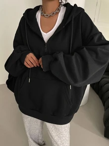 DAZY 拉鍊式落肩抽繩保暖內裡連帽衛衣，長袖上衣，秋季女裝運動衫外套 - 黑色 - 查看 1