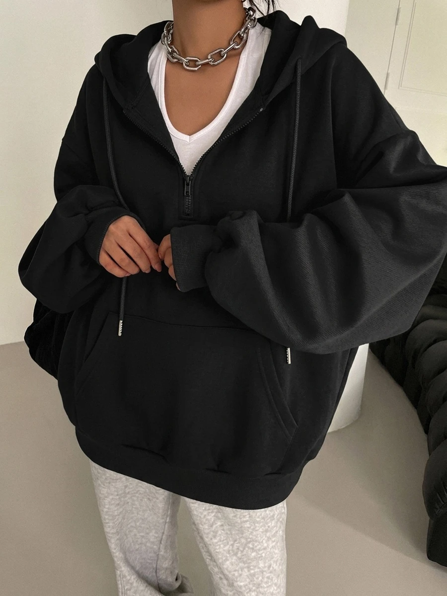 DAZY 拉鍊式落肩抽繩保暖內裡連帽衛衣,長袖上衣,秋季女裝運動衫外套 - 黑色 - 查看 1