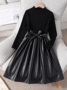 SHEIN Tween Girl Long Sleeve Fleece Autumn Dresses 2 In 1 Mock Neck Rib ...