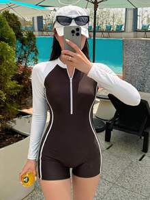 Livesso 1pc Splice Color Block Sports Swimwear Diving Suit Vacation Beach - Brown - View 11