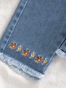 SHEIN Vintaside Kids 2件組幼兒女嬰上衣牛仔褲套裝，可愛白色藍色花卉丹寧長袖圓領寬鬆版型蝴蝶結荷葉邊刺繡公主風套裝 - 卡其色 - 查看 8