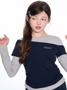 Dazy Kids Kaos Kasual Sehari-hari Model Dua Potong Patchwork untuk Remaja Perempuan - Grey - View 4