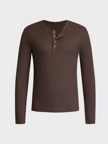 SWAVVY Men's Solid Color Button Half-Placket Slim Fit Long Sleeve T-Shirt - Coffee Brown - View 4