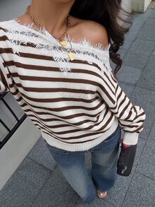 Siren Gaze 女款蕾絲拼接不對稱肩條紋休閒日常毛衣 - 棕色 - 查看 3