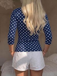 SHEIN EZwear 休閒極簡風 95%棉 性感露肩海軍藍白色波點短袖T恤，適合春夏，春夏穿搭顯白，夏季上衣，適合日常通勤、約會、聚會、秋冬春夏、聖誕節、新年、感恩節、派對、婚禮、海灘 - 彩色 - 查看 3