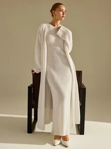 CLARA VERO Cream Maxi Dress Cardigan Knit Set, Loose Fit, Weekend Gatherings, Sleeveless Maxi, Fluffy Knit - White - View 7