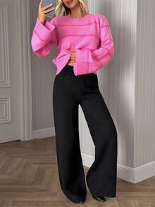 SHEIN Round Neck Bell And Long Sleeve Cozy Regular Fit Pink Color And Stripe Detail Casual Style - Pink - View 4