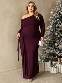 SHEIN CURVE+ Plus Size 22W Asymmetrical Collar Long Sleeve Knot Dress, Suitable For Holiday Parties, Christmas, Halloween - Coffee Brown - View 5