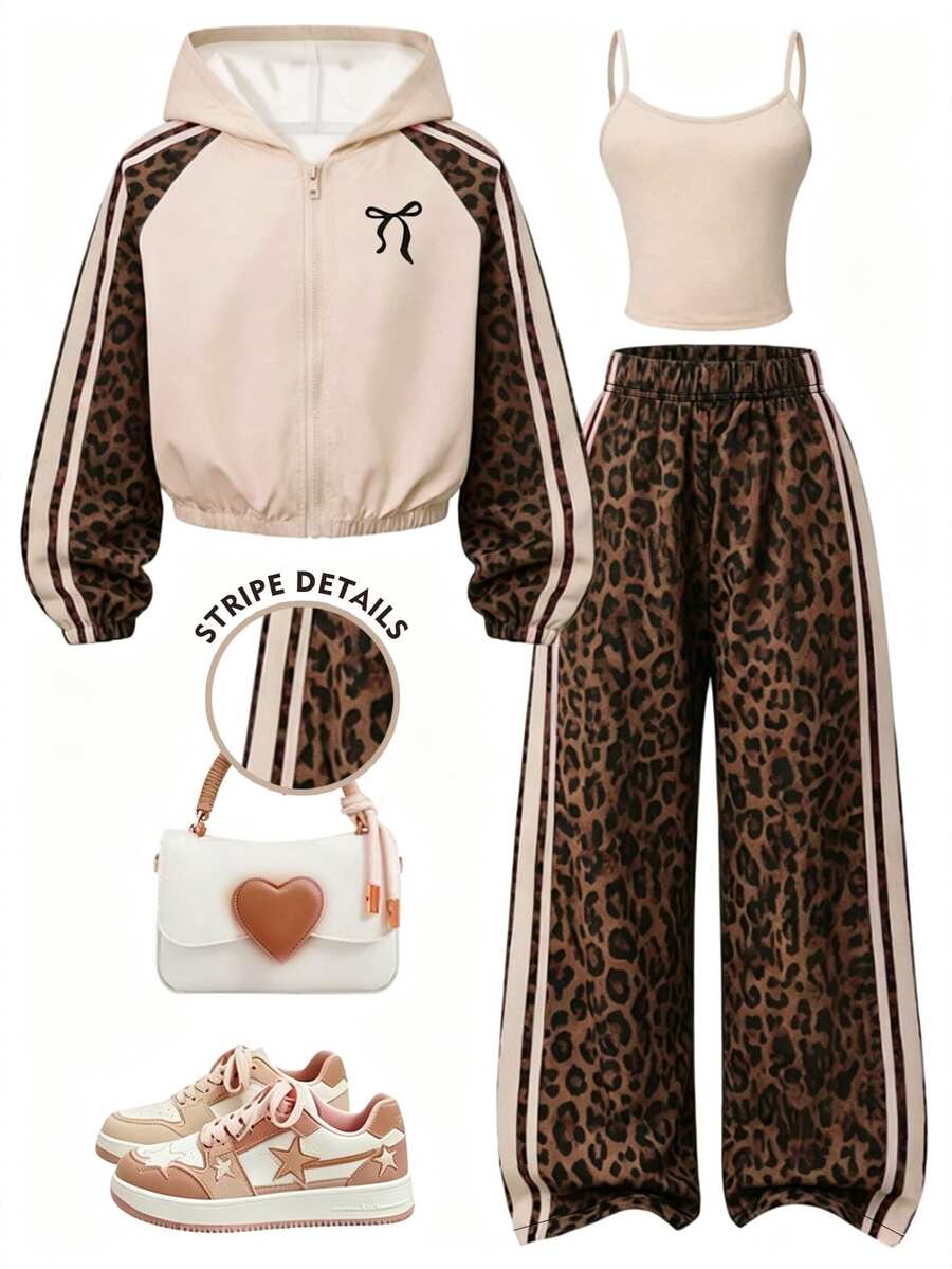 SHEIN Casuvi Kids Autumn/Winter Girls' 3 Pieces Set: Leopard Print Raglan Patchwork Bow Print Short Hooded Jacket, Side Stripe Leopard Print Wide Leg Long Pants And Tank Top, Sweet Cool Casual Outfit For Girls - Multicolor - View 1