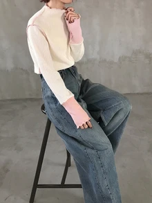 FRIFUL Women's Mock Neck Long Sleeve Fitted Cuff Color Block Wavy Hem Decor Regular Pullover T-Shirt - Pink - View 3