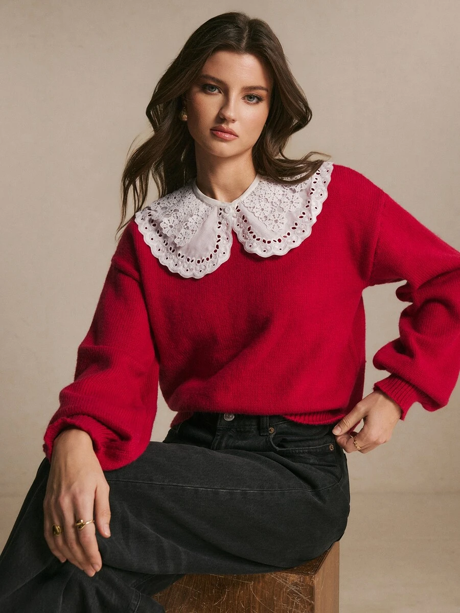 Poéselle Women's Color Block Christmas Sweater, Long Sleeve Casual Pullover Knit Top For Holiday Party Winter Daily Wear Festive Xmas Outfit - Red - View 1
