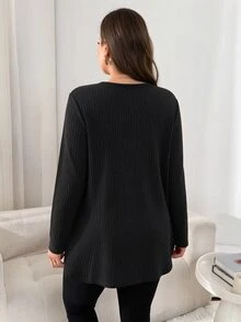 Shapeblank 休閒羅紋紋理針織面料大尺碼黑色長袖T恤，適合秋冬穿著，黑色上衣 - 黑色 - 查看 2