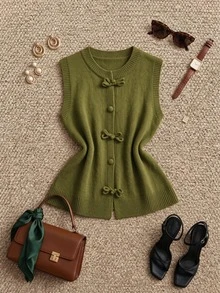 Grovea Áo gile len dệt kim phong cách Trung Quốc mới size lớn, cổ tròn, khuy ếch, sát nách, dáng cardigan vintage rộng phối layer cho mùa xuân thu - màu xanh lá - Xem 3