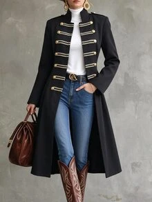 Omancia Elegant Vintage Napoleon Style Metal Button Stand Collar Black Mid-Length Coat - Black - View 1