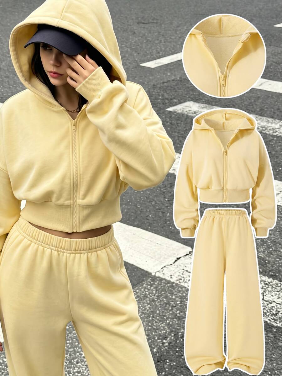 SHEIN 青少年女孩秋季套裝 2件/組 花卉灰色連帽拉鍊開襟衫、寬鬆長褲,粉色,秋季,休閒,度假 - 黃色 - 查看 1