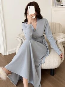 Feyla New Autumn/Winter Korean Style Elegant Wrap Tie V-Neck Handmade 3D Floral Premium Warm Base Layer Set - Dusty Blue - View 3