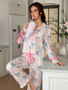 SweetSlumber Asian Cute Striped Heart Print Contrast Color Bowknot Collar Open Front Women's Loungewear Pajama Set - Multicolor - View 5