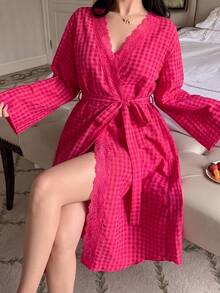Dazy Plus Rose Red Contrast Lace Plaid Loose Tie Elegant Nightgown - Hot Pink - View 3