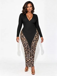 Poshavie Poshavie Plus Size Women Deep VNeck Long Sleeve Midi Dress, Ribbed Knit Leopard Print Ruched Bodycon Party Club Dres - Multicolor - View 6
