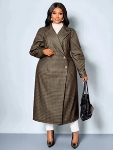 SOLERSUN Plus Size Wool Blend Blazer Coat, Lapel Collar, Asymmetric Wrap Front, Long Sleeve Mid-Length, Commuter Style, Wool Texture, Office Dress, Autumn/Winter Commuter Outfit - Army Green - View 5