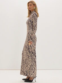 MUSEYN Đầm maxi jersey họa tiết da báo có đệm vai, phong cách thường ngày thanh lịch, phù hợp hẹn hò, mùa mới - Nhiều màu - Xem 2