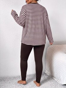 Lounesse Plus Size Women 2 Pieces Set Pink Striped Top And Brown Leggings Comfortable Minimalist For Home Wear - Multicolor - View 3