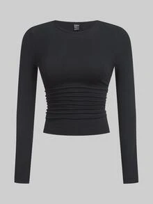 SHEIN EZwear 黑色卡其色深棕色白色針織女款圓領長袖抓褶緊身T恤 日常秋季極簡基礎簡約 - 彩色 - 查看 3