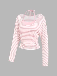 Sweetra Women's Lazy Loose Striped T-Shirt + Halter Neck Tie Tank Top 2pcs Set - Pink - View 4
