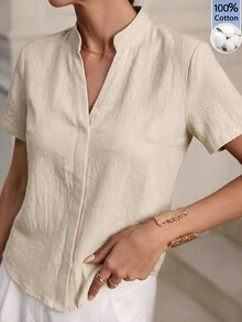 Editum Women's V-Neck Solid Color Short Sleeve Minimalist Commute Versatile Blouse - Apricot - View 3