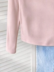 SHEIN 青少年女孩秋冬休閒百搭極簡風抓絨內裡高領修身長袖T恤 灰粉色 百搭校園風 - 粉色 - 查看 5