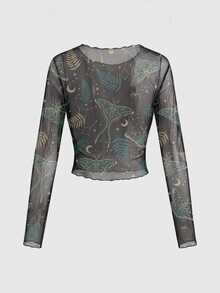 ROMWE Goth Butterfly Moon Star Sexy Hot Girl Mesh Sheer Music Festival Rock Punk Plus Size Women Top - Black - View 2
