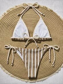 Swim Vcay Women's Summer Beach Striped Halter Tie Sexy Bikini & Triangle Bottom Two-Piece Swimsuit Set - Khaki - View 2