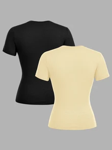 SHEIN EZwear 休閒極簡風 2 件組基礎款黑色與黃色圓領短袖內搭衫，適春夏秋 - 彩色 - 查看 2