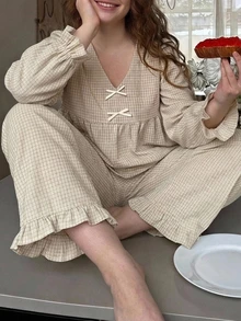 Dazy Plus Cute Plaid Loose Top And Pants 2-Piece Set, Spring/Autumn New Pajama Loungewear - Apricot - View 1