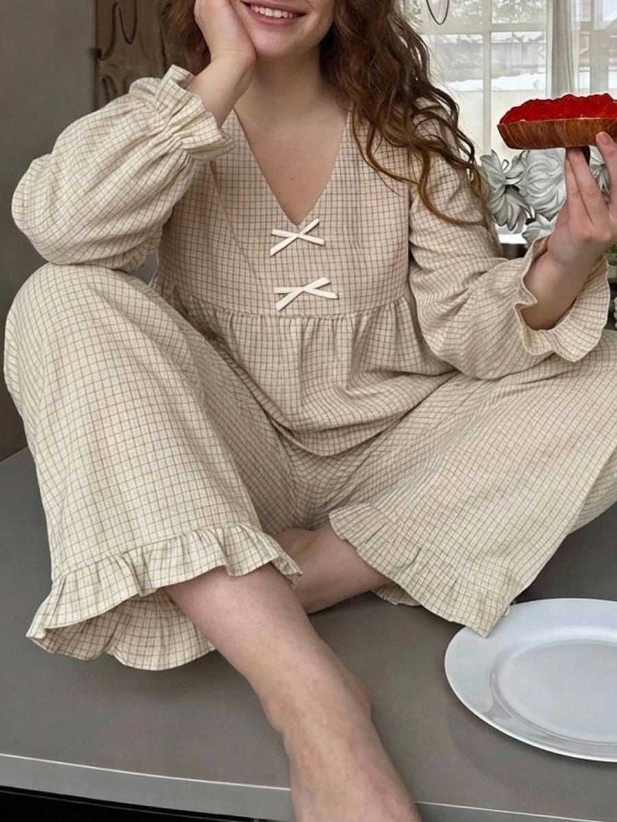 Dazy Plus Cute Plaid Loose Top And Pants 2-Piece Set, Spring/Autumn New Pajama Loungewear - Apricot - View 1