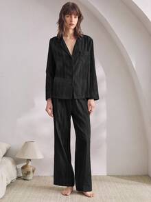 Ocili Natural Comfortable Non-Elastic Linen Pleated Long Sleeve Long Pants Women's Pajama Set - Black - View 4