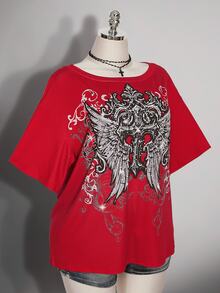 SHEIN ICON 大尺碼女款哥德風 90s Y2K 十字圖案 T恤 辦公通勤 黑色 夏季 - 紅色 - 查看 6