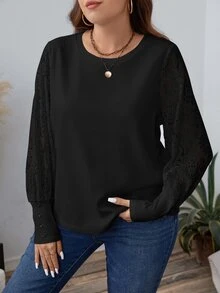 SHEIN LUNE 大尺碼女款圓領對比蕾絲長袖優雅襯衫上衣 商務休閒 女士派對亮片度假秋季上衣 - 黑色 - 查看 3