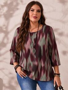 Rosumi Plus Size Women's Autumn/Winter Casual All-Over Print Round Neck Loose 3/4 Sleeve Blouse - Multicolor - View 6