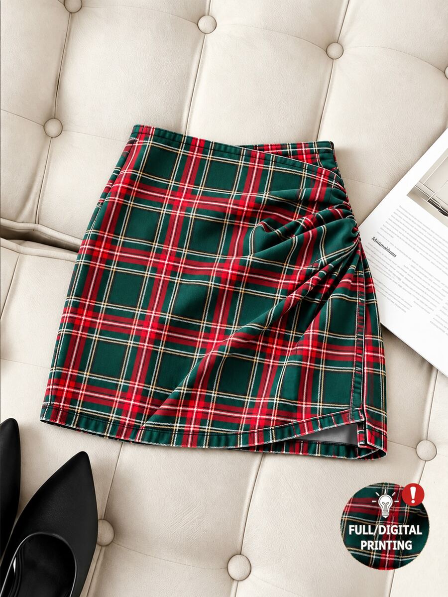 SHEIN Franclia 女款格紋百褶不對稱下擺迷你裙,適合通勤穿搭 - 彩色 - 查看 1